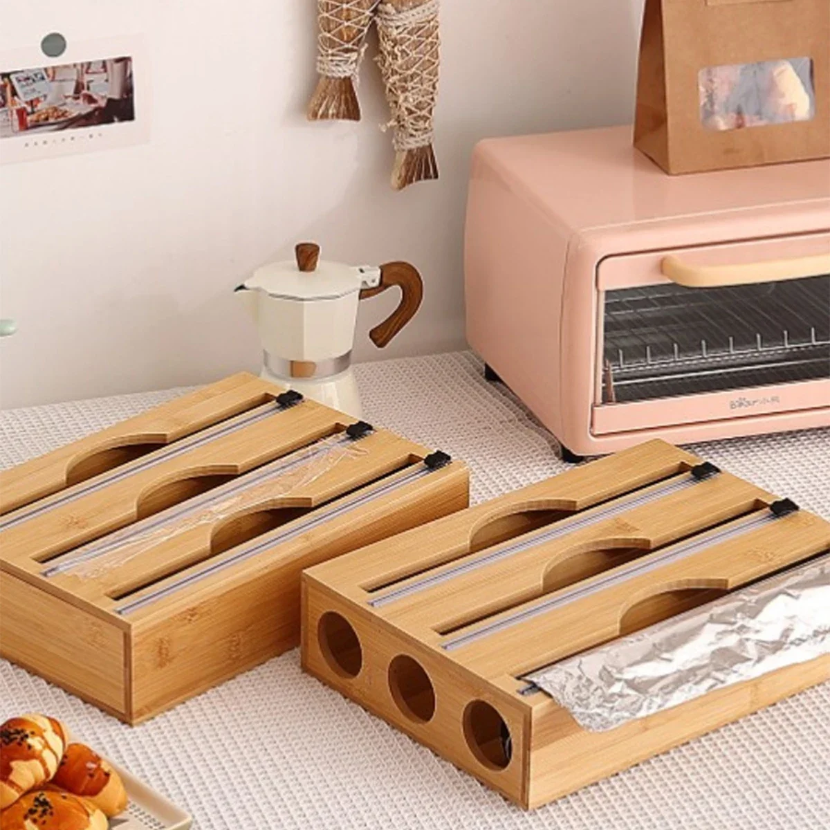 Dispensador de papel de cocina con caja cortadora de película adhesiva, soporte de corte de bolsa fresca de bambú, bolsa de basura y bolsa de plástico, 1 ud.