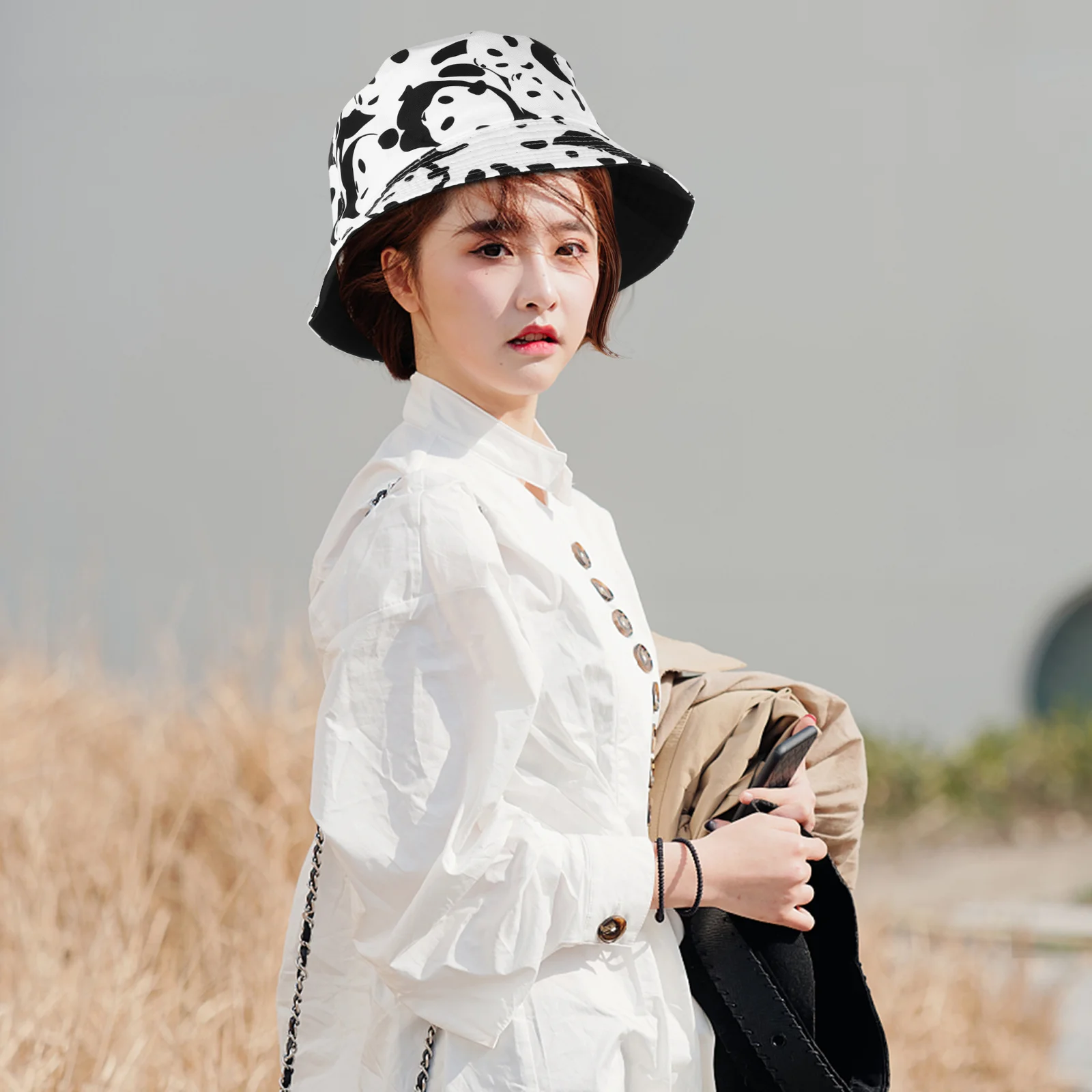 

Lovely All-Match Two-Sided Fisherman Cute Panda Print Durable Cotton Sun Hat For Outdoor Summer Protection Unisex Bucket Hat For