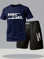 Men's Summer Fashionable Casual T-Shirt And Shorts Set Loose Chimney Pattern Printed Sporty Round-Neck Short-Sleeved Outfit