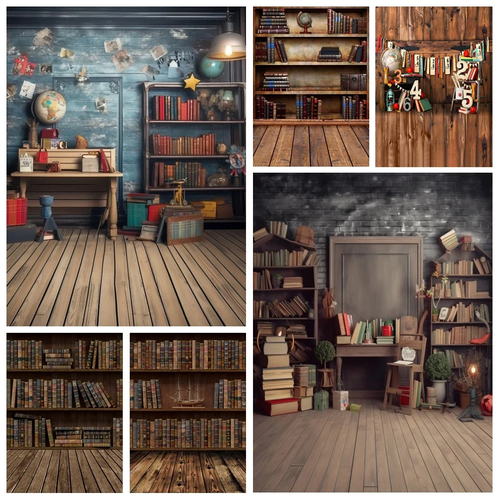 Vintage Bookshelf Backdrops Wood Library Bookcase Scene Children Back to School Party Decor Baby Portrait Photography Background