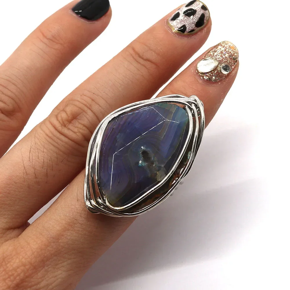 Irregular Agate Rings Natural Stone Fashion Jewelry Geometric Crystal Silver Color Wire Wrap Index Finger Ring for Women Gifts