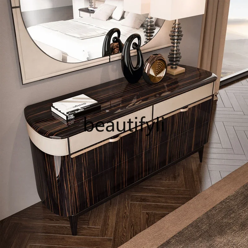 

Italian light luxury dining side cabinet minimalist storage cabinet modern ebony paint drawer three-bucket cabinet