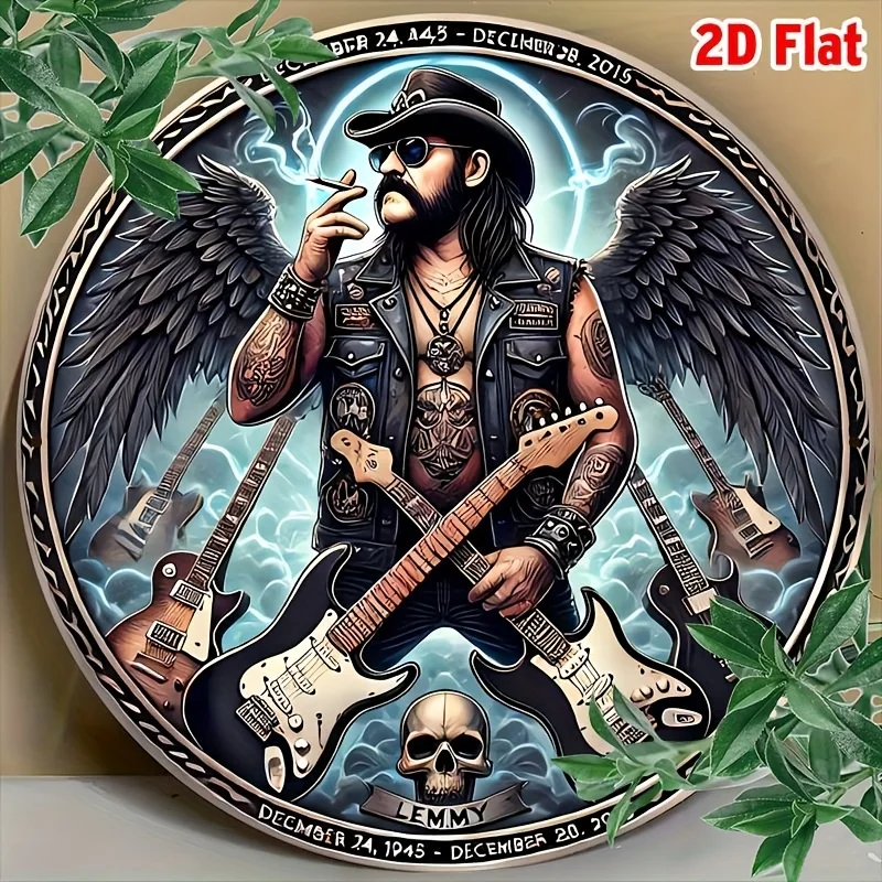 2D Flat - 1pc Lemmy Kilmister Band Wall Art Tin Sign - 8x8 Inch Round Aluminum Decor with Winged Guitarist & Skull Motif, Durabl