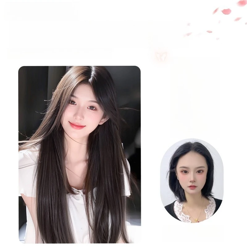 Synthetic wigs,black long straight hair,head wig women,natural fluffy,realistic human hair middle part with eight-character bang