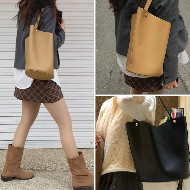 Ladies Tote Bag Cowhide Large Capacity Simple Hundred Fashion Bucket Crossbody Bags for Women