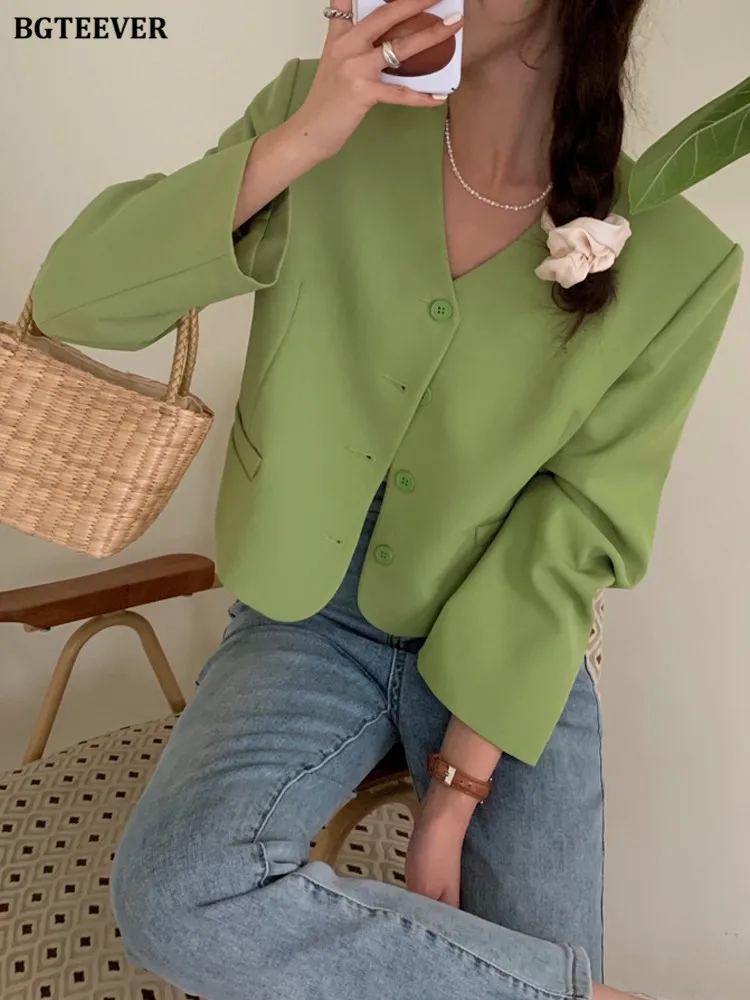 BGTEEVER Casual V-neck Single-breasted Women Blazer Spring Fashion Long Sleeve Loose Female Suit Jackets Ladies Outwear