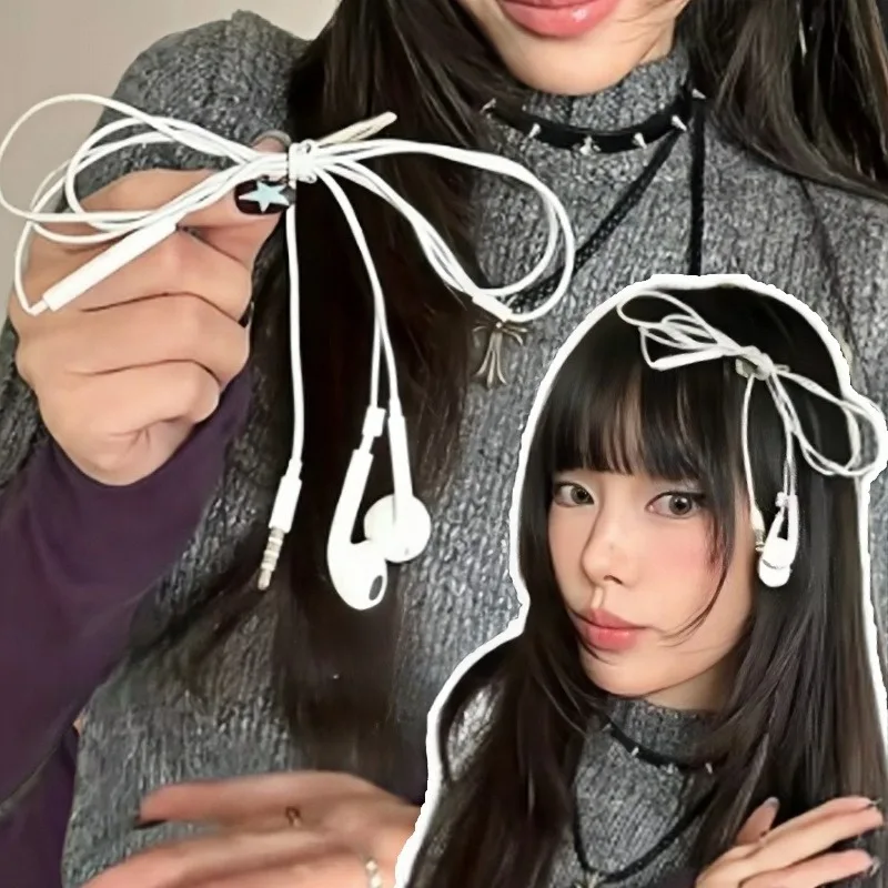 

Y2K Earphone Cable Bow Hair Clip Creative Punk Style White Bow Hairpin Harajuku Style Cosplay Party Women Girls Hair Accessories