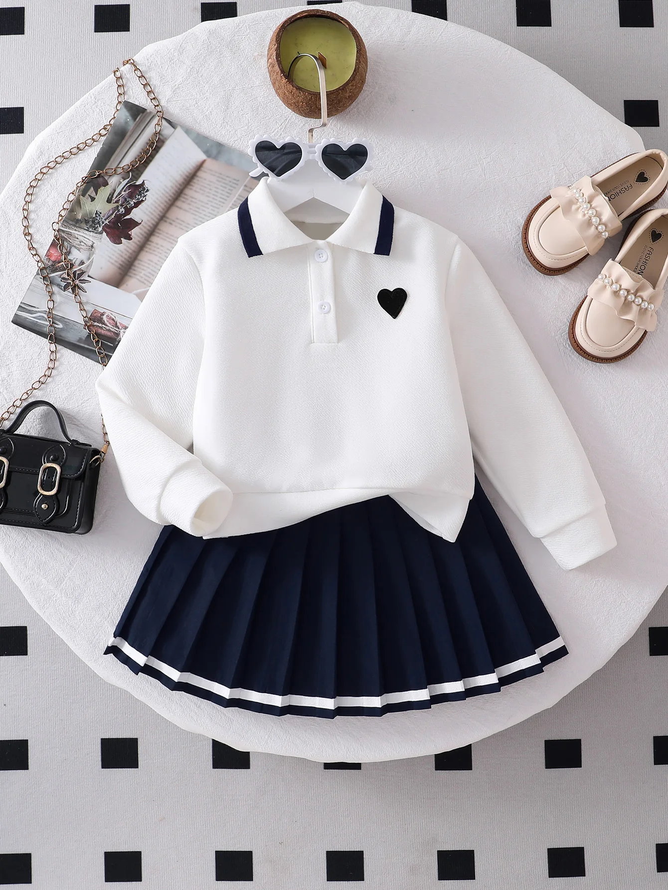 Girls 2PCS School Outfit for 4-8Y, Heart Embroidery Polo Sweatshirt + Navy Pleated Skirt Kids Uniform Set