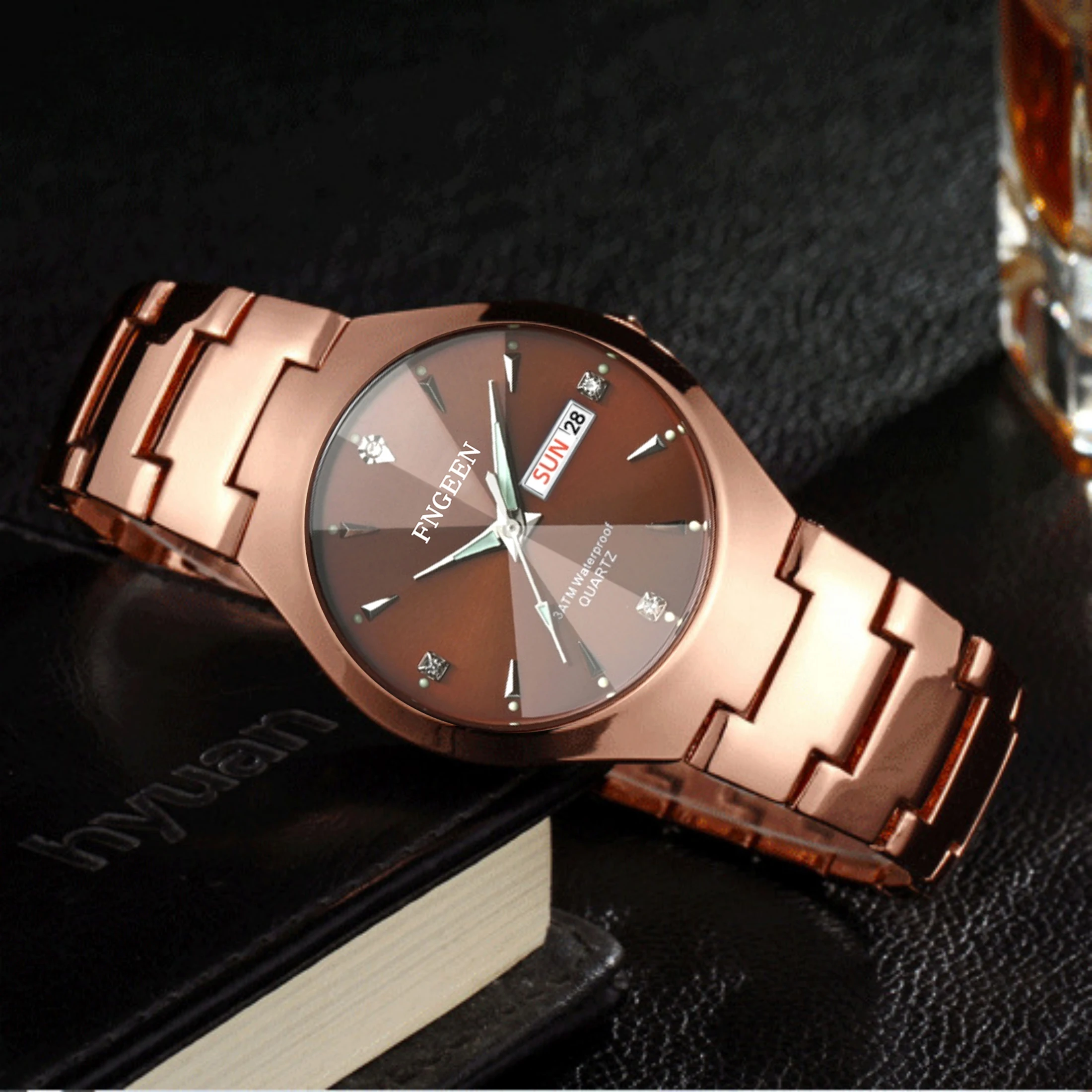 2 Pc/Set Couple Watches Luminous Waterproof Date Calendar Valentine's Day Gift Stainless Steel Rhinestone Quartz Watch Rose Gold
