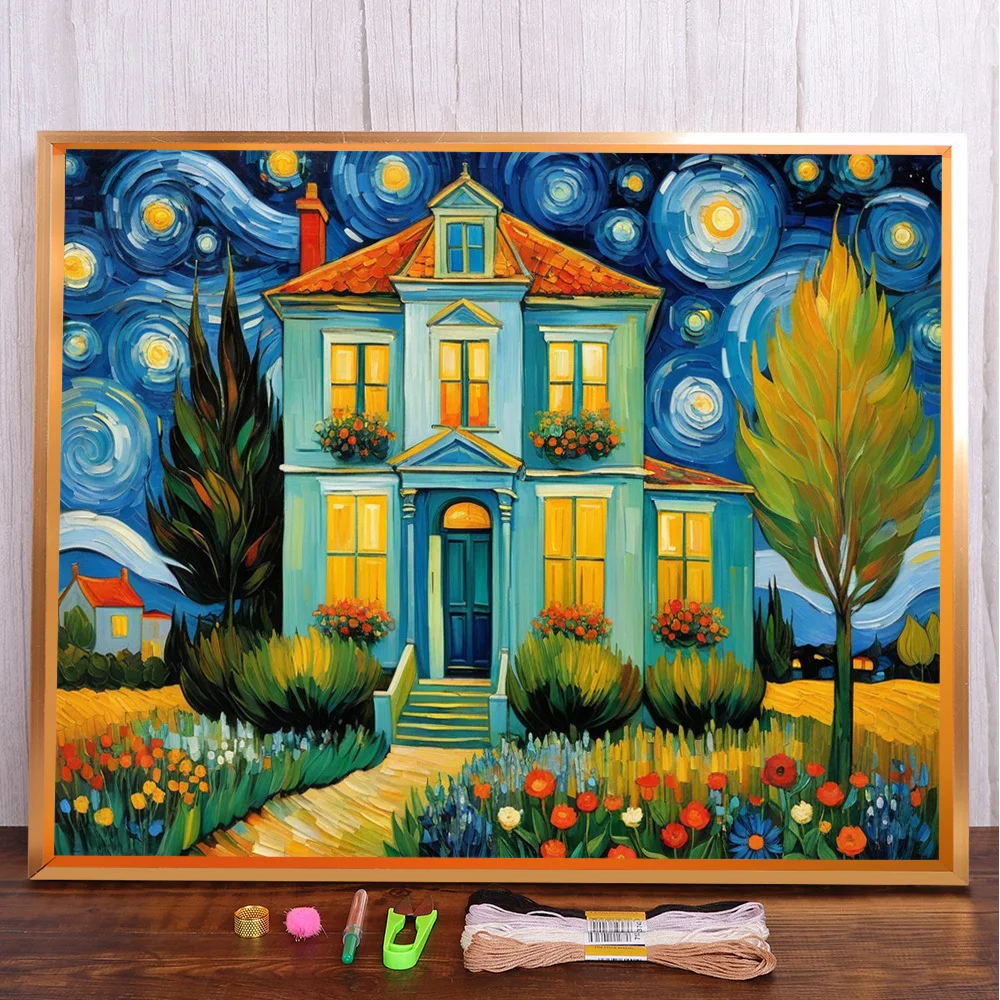 

Landscape Starry Night Villa Cross-Stitch Full Kit DIY Embroidery Painting Handicraft Craft Sewing Wholesale Design Package