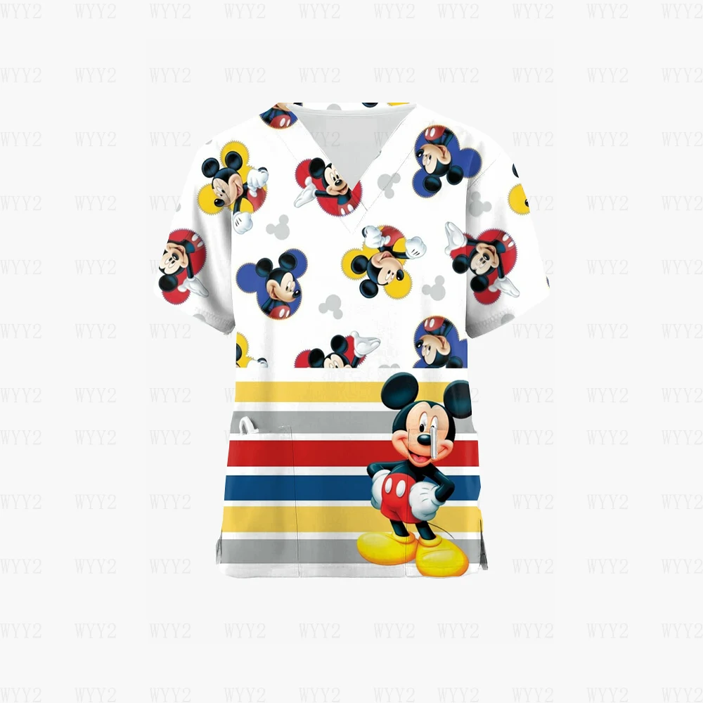 ผู้หญิงชุดทำงานพิมพ์สัตว์ Disney Mickey Minnie แขนสั้น V คอผู้หญิงเสื้อกันหนาวพยาบาล Overalls Medical Uniform