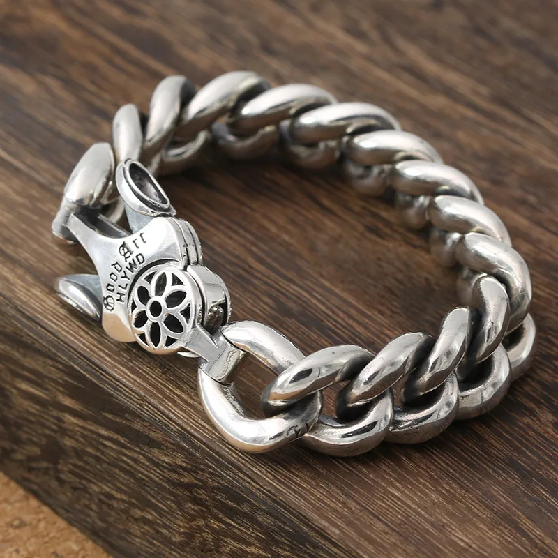 Advanced S925 sterling silver fashion trend accessory cherry blossom men's Thai silver bracelet, bare body thick all silver brac