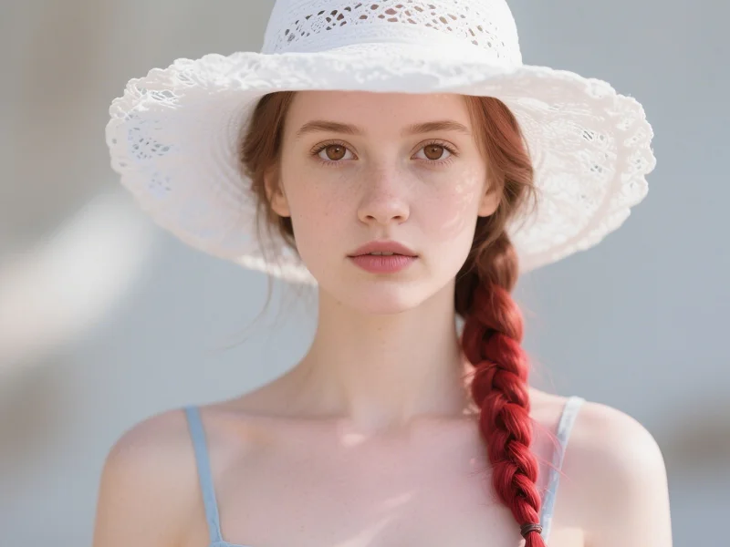 La donna ha una sola treccia e indossa un cappello a tesa larga