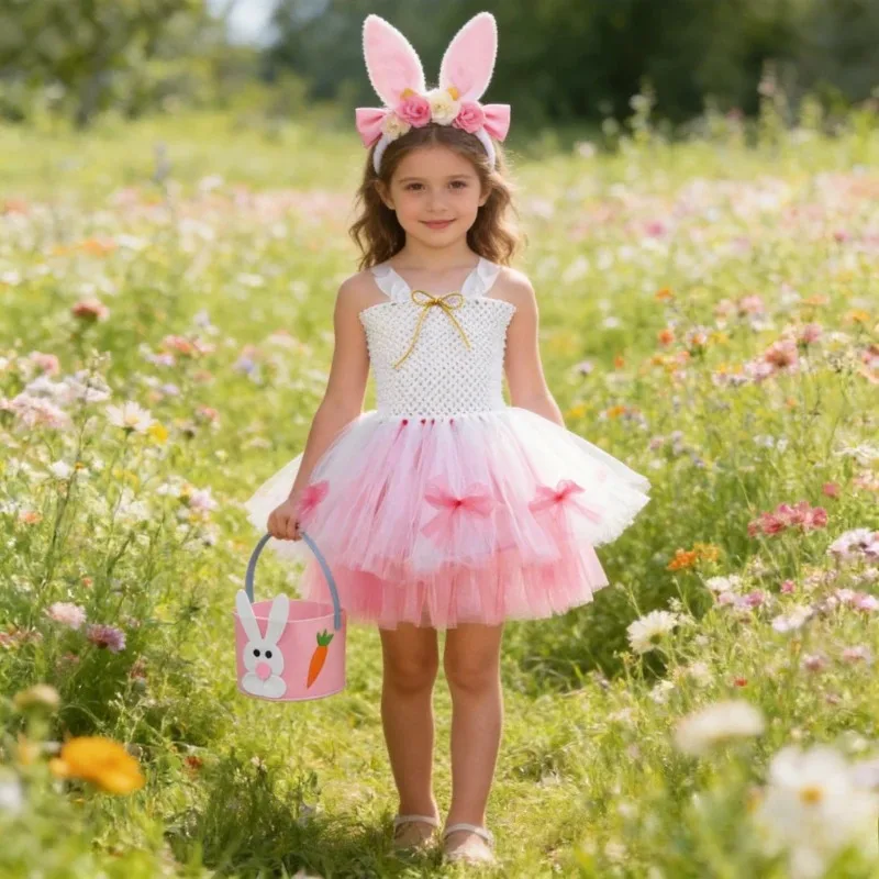 Girls' Easter Bunny Costume,White‑Pink Rabbit Ballet Tutu Dress,Kids' Festival Outfit, Comes with Flower‑Decorated Ears and Tail