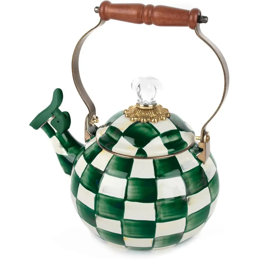 

Enamel Whistling Tea Kettle, Decorative Teapot, Green-and-White Emerald Check