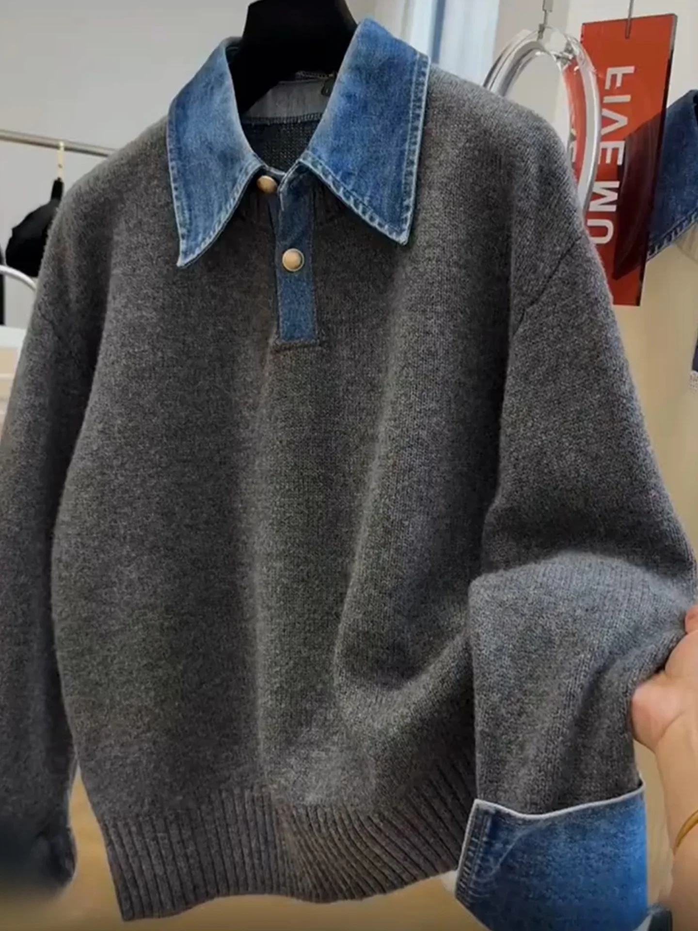 

Denim Patchwork Color Block Design Loose Fit Long Sleeve Knit Top Korean Style Commute Friendly Soft Material Winter Essential