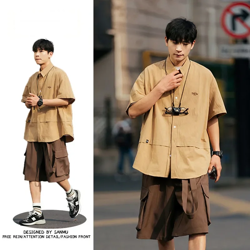 

Mens Japanese Retro Workwear Cotton Short Sleeve Shirts Lapel Loose Casual Daily Outdoor Blouse S 3XL