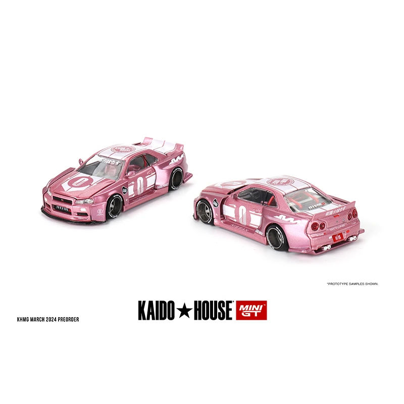 MINIGT KHMG128 en Stock 1:64 Skyline GTR R34 Racing Factory V1 capó que se puede abrir rosa Diecast Diorama modelo de coche Kaido House