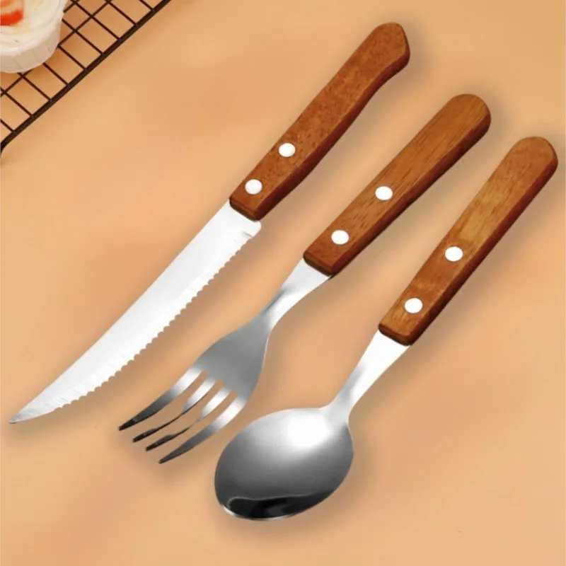 Stainless Steel Tableware Japanese Wooden Handle Wooden Knife, Fork And Spoon Steak Knife Western Wooden Handle Dinnerware