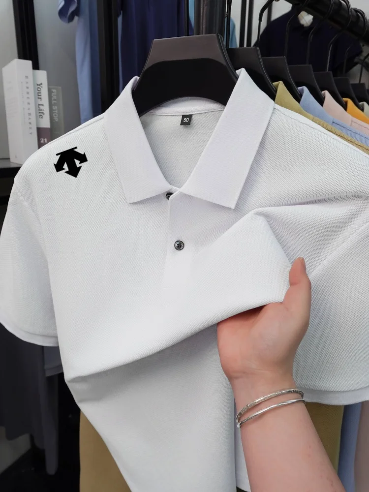 Camisa Polo de Golfe Masculina de Verão de Alta Qualidade com Estampa, Cor Sólida, Respirável, Casual para Escritório, Roupas Masculinas de Alta Qualidade