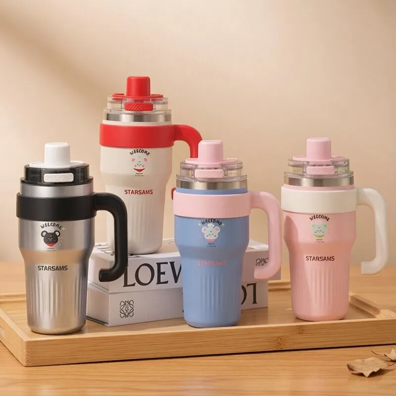 Мультяшная кружка для воды 900-1200 мл, милая, большой емкости, из нержавеющей стали 316, с керамической внутренней колбой, для кофе, сока, с соломинкой, подарок