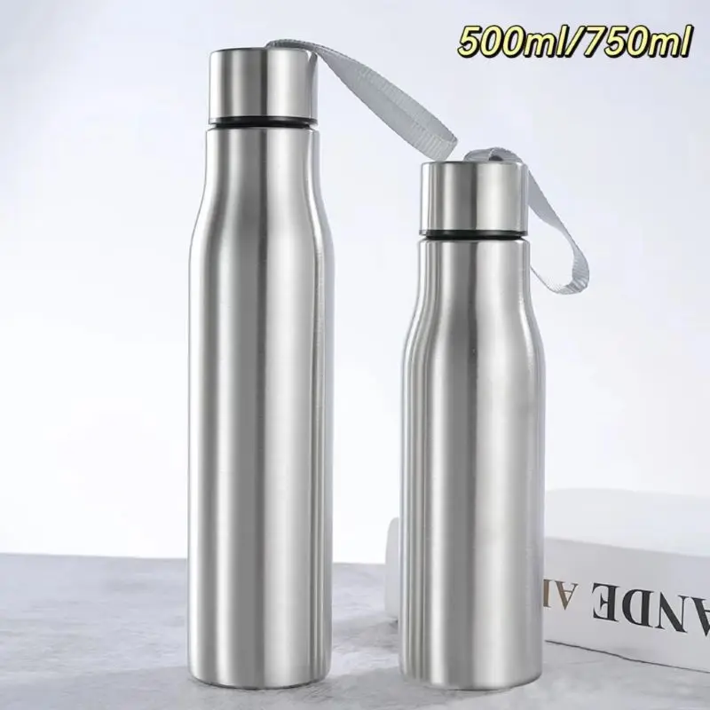 Taza de agua de acero inoxidable de gran capacidad, botella de agua para viajes al aire libre, termo de metal con cuerda de transporte, 500ml/750ml