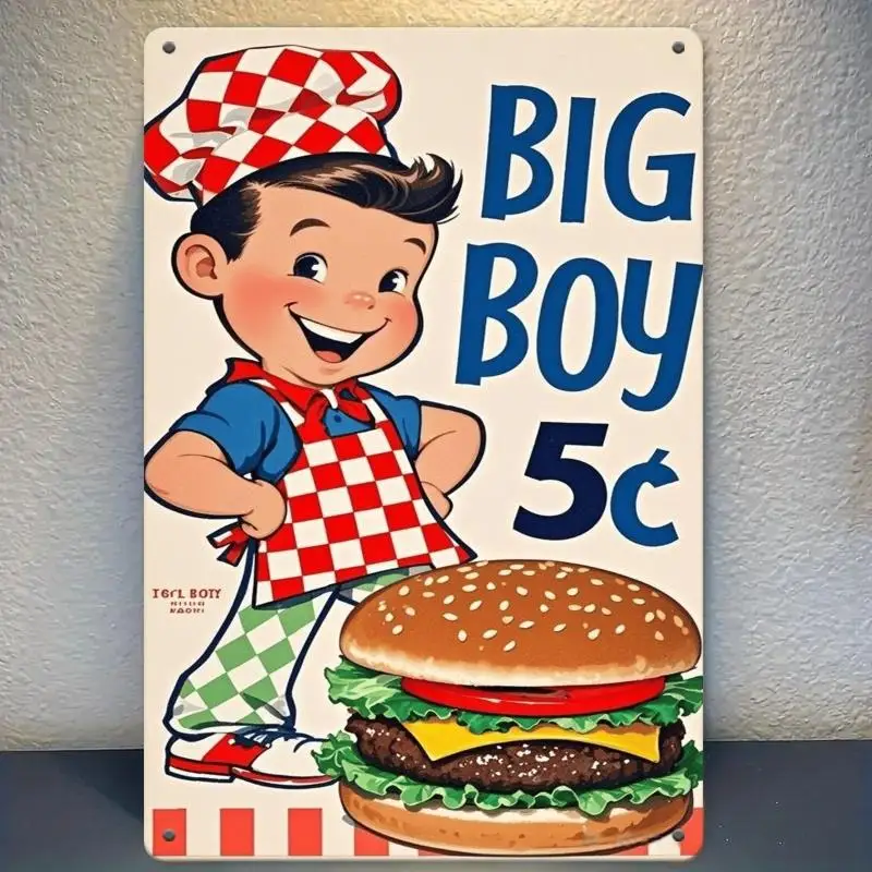 2D Flat Vintage Metal Sign 12x8 Inch Big Boy Burger Chef Retro Decor for Kitchen Restaurant Cafe Bar