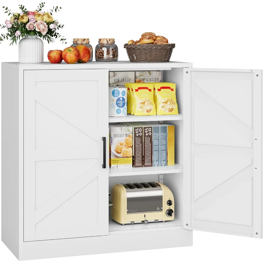 

White Storage Cabinet with Doors and Adjustable Shelves,36 Farmhouse Food Pantry Cabinets,Small Sideboard Cabinet,Short Metal St