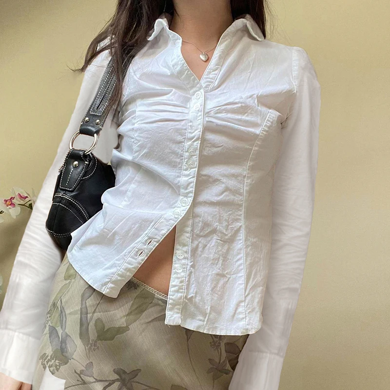 IAMHOTTY Chic Button-up Shirt White Slim-fitting Back Tie-up Waist Blouses High Street Casual Basic Button-up Tops Streetwear