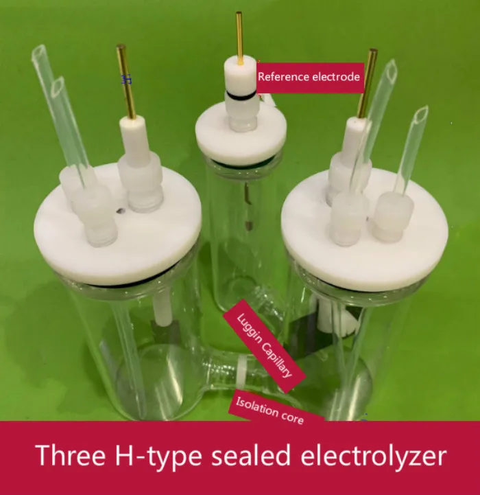 

Three H-type sealed electrolyzers. With sealing bolt, air hole, Lujin capillary, isolated sand core. 150ml.