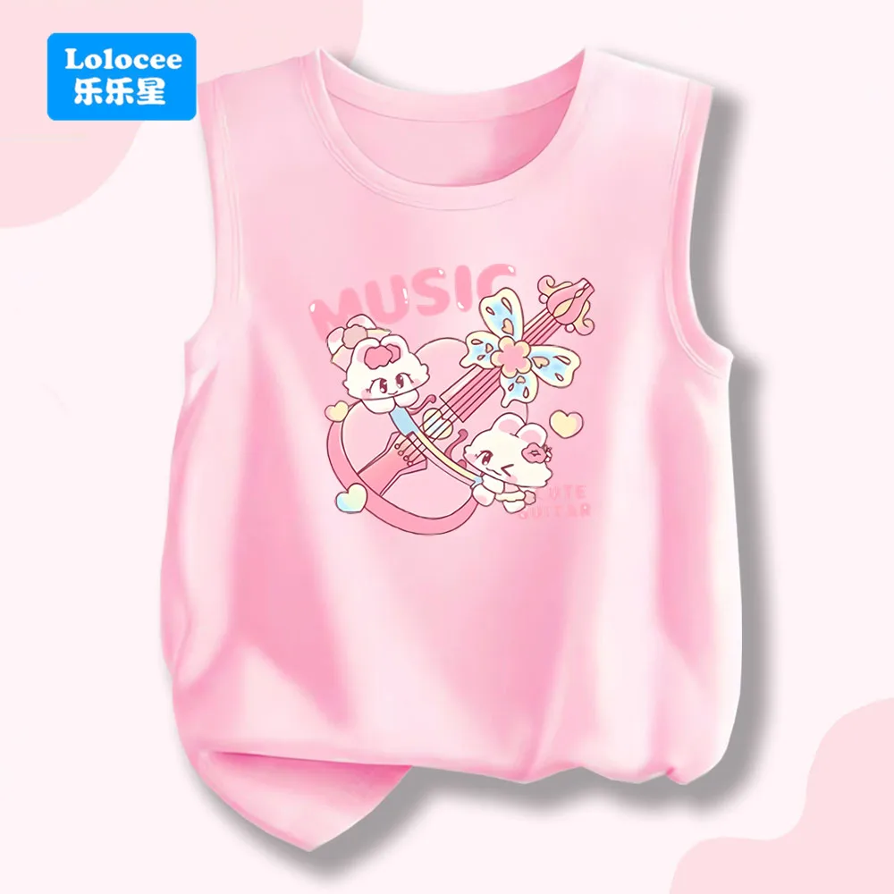 

Cute Rabbits Play Guitar Print Girls' Cotton Tank Top -Kids Round-Neck Summer Vest Little Girl Sleeveless T-Shirt YL01