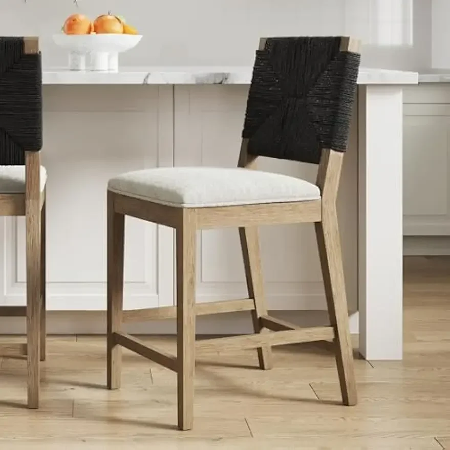 Bar Stool, Upholstered Bar Stool or Island Chairs for Kitchen, Seagrass Counter Height Stool with Back and Solid