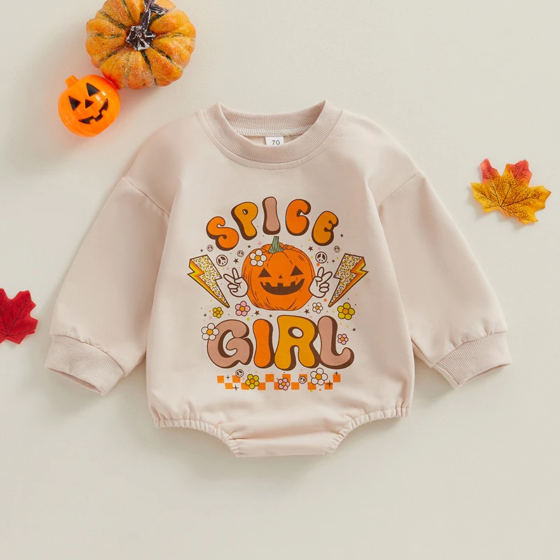 Baby Girls Halloween Crewneck Romper Long Sleeve Pumpkin Letter Print Loose Playsuit