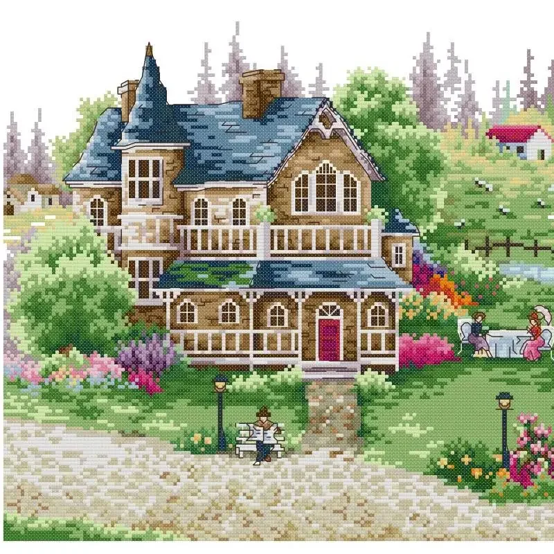 European Town Scenery Pattern Cross Stitch Kits DIY Handmade Needlework Aida 14CT 16CT 11CT White Printed Fabric Embroidery Set