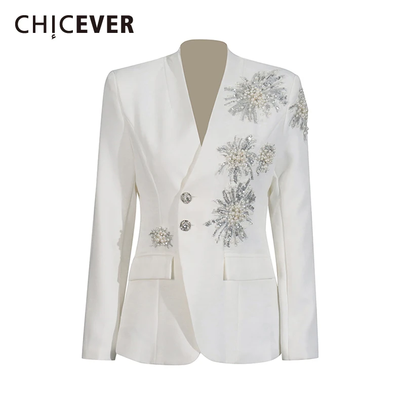 CHICEVER Solid Spliced Beading Slimming Blazer for Women Notched Collar Long Sleeve Patchwork Button Formal Coat Female Fashion