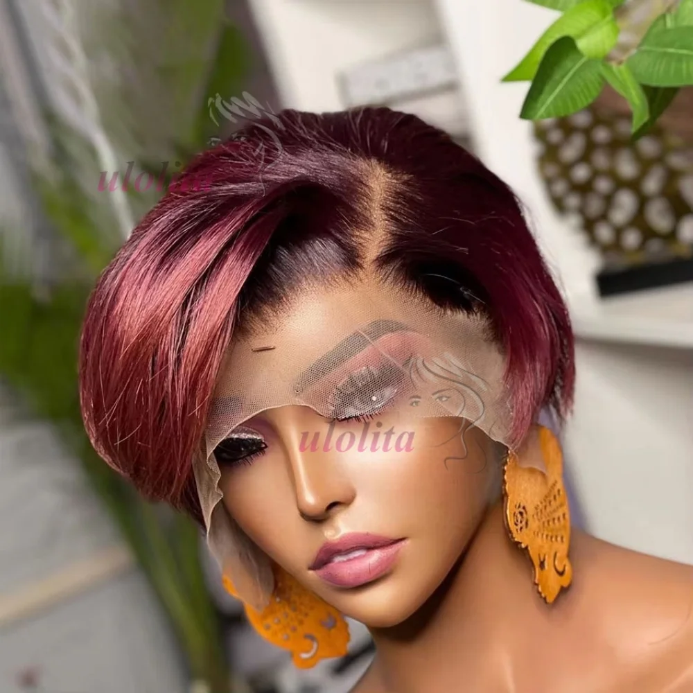 Perucas de cabelo humano curto em linha reta 99j barato pixie corte peruca 13x4 peruca de renda transparente preplucked perucas de linha fina para mulher