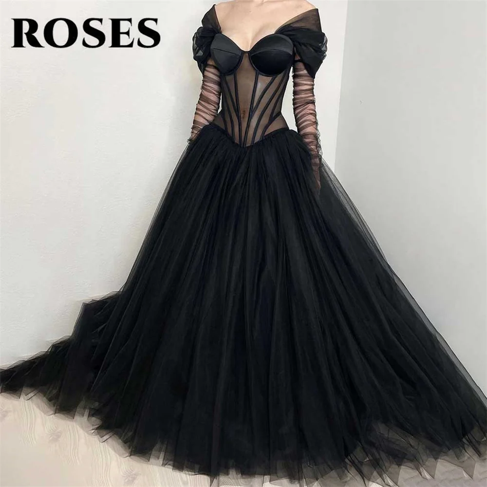 

ROSES Simple Black Evening Dress Sweetheart Tulle A-Line Long Corset Prom Dress with Pleats Off The Shoulder 프롬드레스 Party Dress