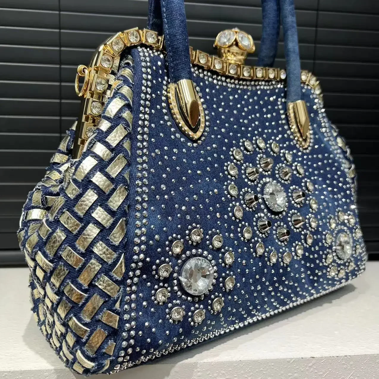 Sac à bandoulière en denim tissé nickel é pour femme, sac fourre-tout diamant, mode initiée, grande capacité