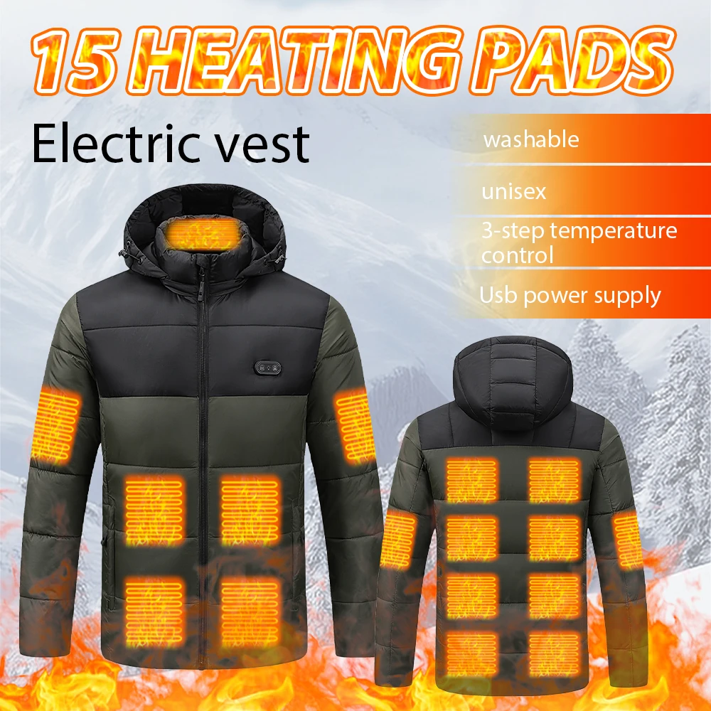 15 Areas Heated Jacket Men USB Electric Heating Clothes Dual Control Three Gear Adjustment Winter Warm Hooded Waterproof Jackets