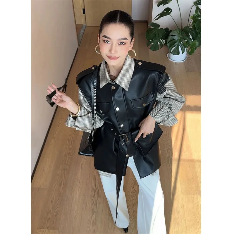 2025 Spring/Summer New Style Superb Fashion Solid Color Horseclip Show off Skinny Belt Large Pocket Design Leather Vest Commuter