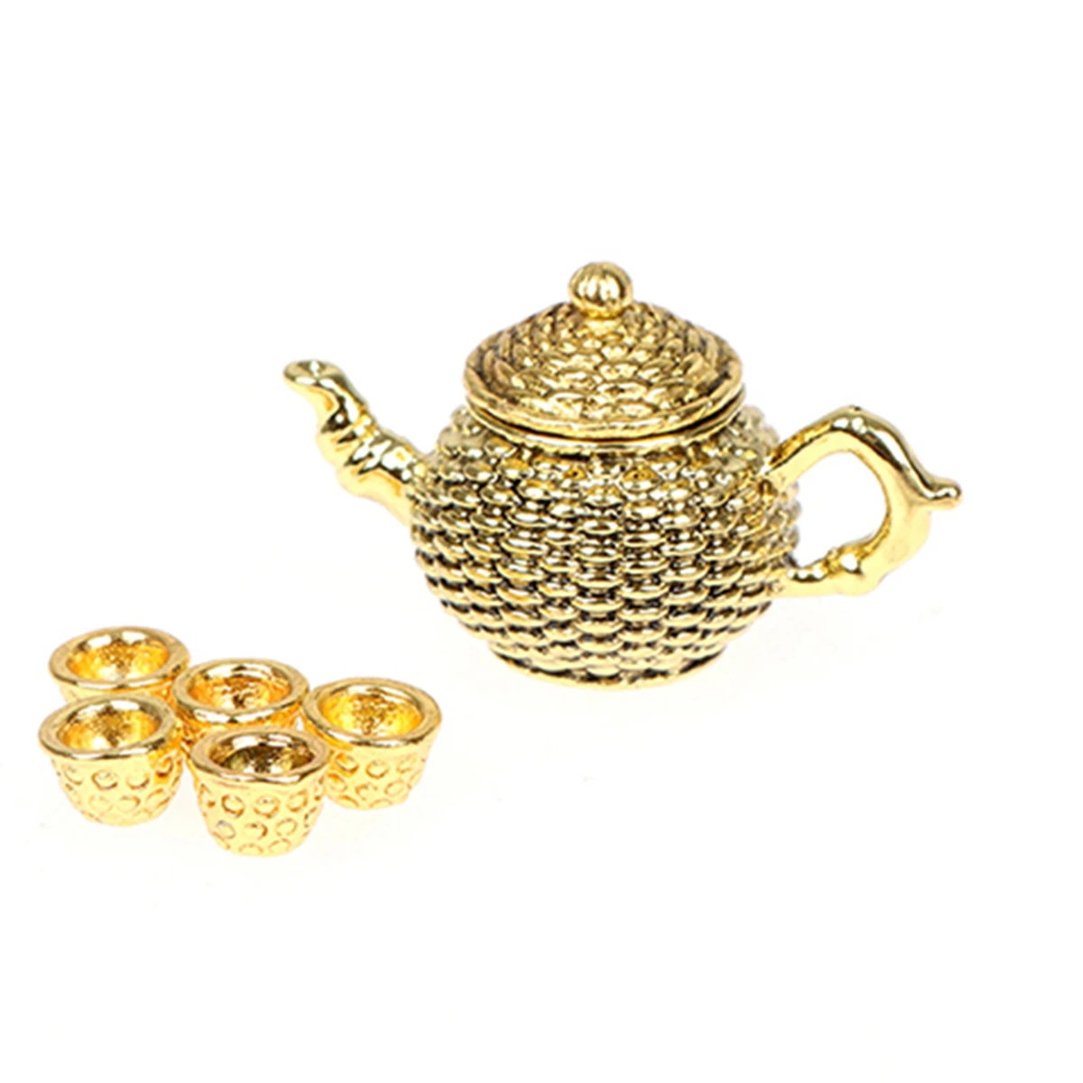 6Pcs 1:12 Dollhouse Miniature Furniture Teapot W/ Lid+5 Cups Dining Ware Set Kitchen DollHouse Decor Accessories Gold