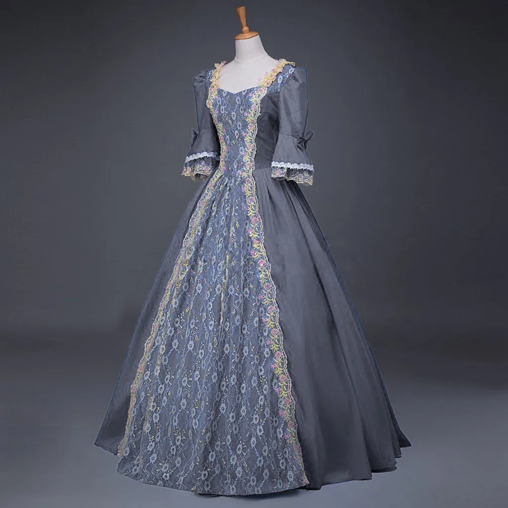 Robe de Style Rétro pour Femme, Costume de Bal Victorien de la Renaissance Médiévale, Reine Princesse, Col Carré, Épissage en Dentelle