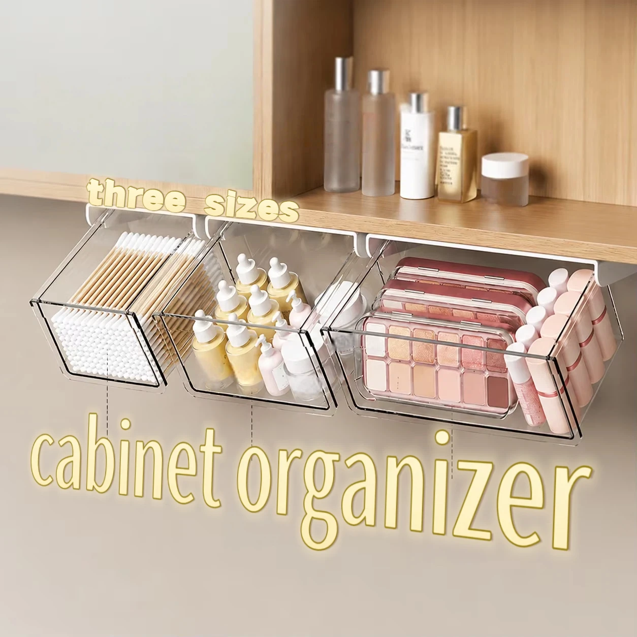 Clear Bathroom Cabinet Shelf Organizer Stick-On, No Drill Under Shelf Hanging Basket for Mirror Cabinet Cosmetic Storage