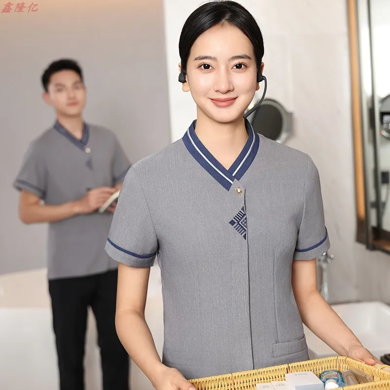 夏綿リネン薄い通気性クリーニング服半袖ハウスキーピングプロパティホテルの客室 InnPACleaning スタッフユニ