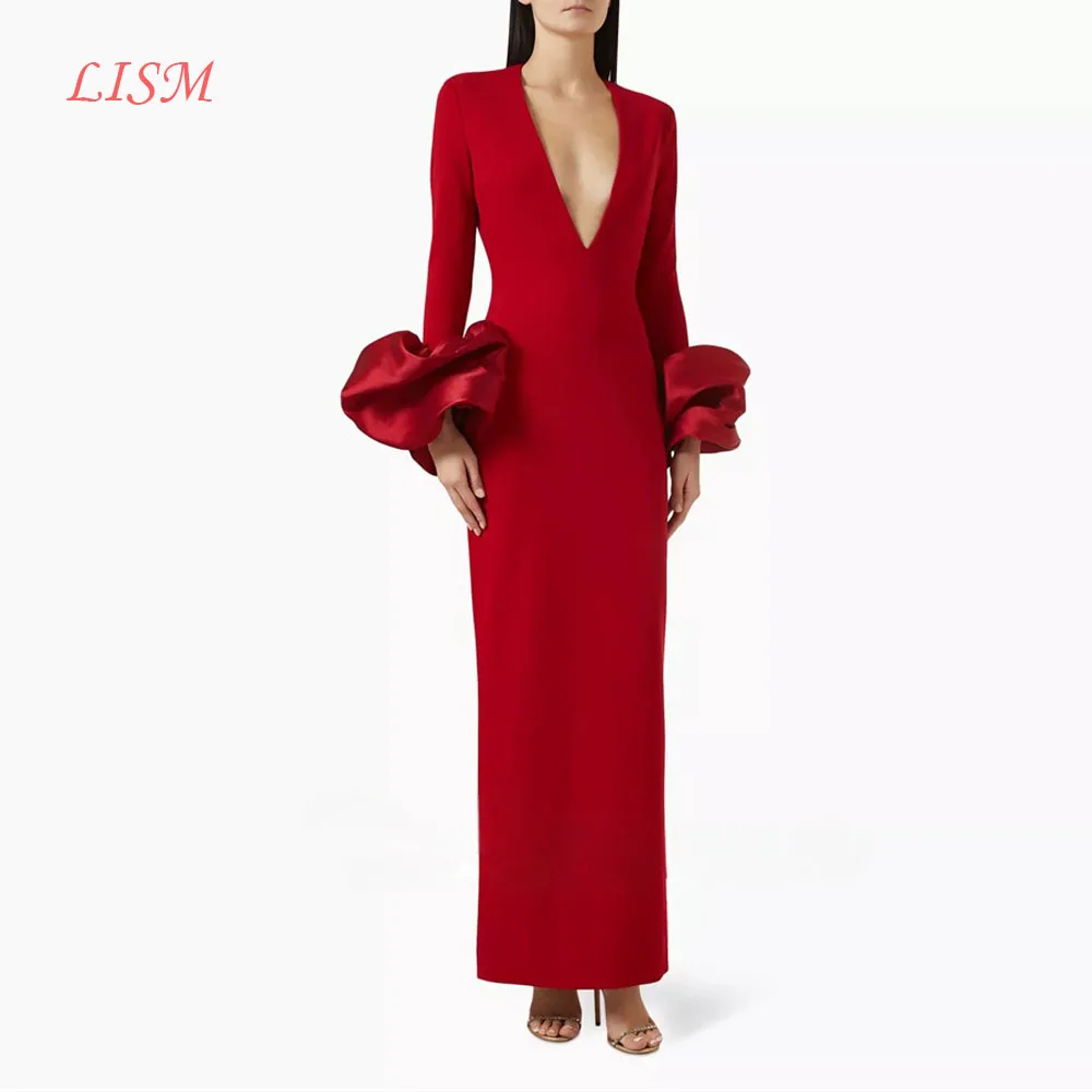 

LISM Customized Red Ankle-Length Women Party Dresses Deep V-Neck Long Sleeves Prom Evening Dresses Wedding Banquet Dinner