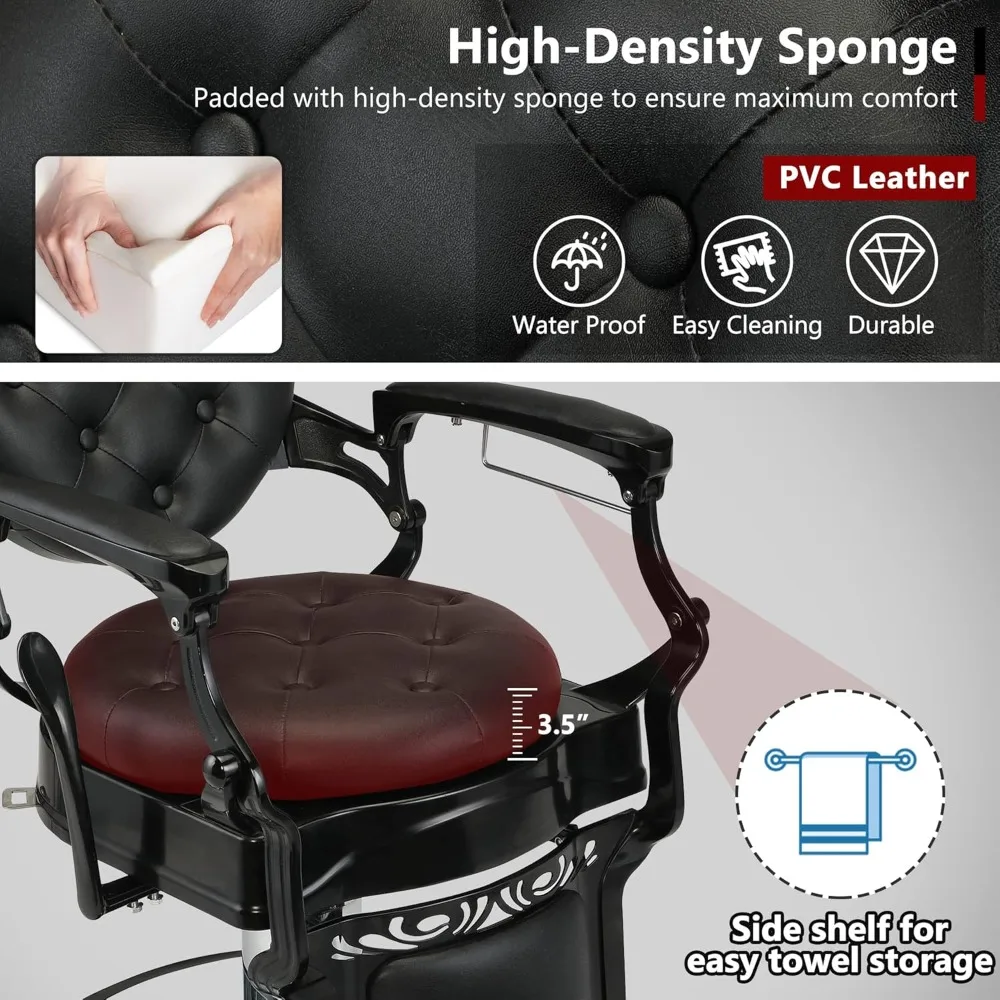 كرسي الحلاقة العتيق، كرسي صالون احترافي معدني شديد التحمل يدعم ما يصل إلى 440 رطلًا مع استلقاء 135 درجة ورفع هيدروليكي