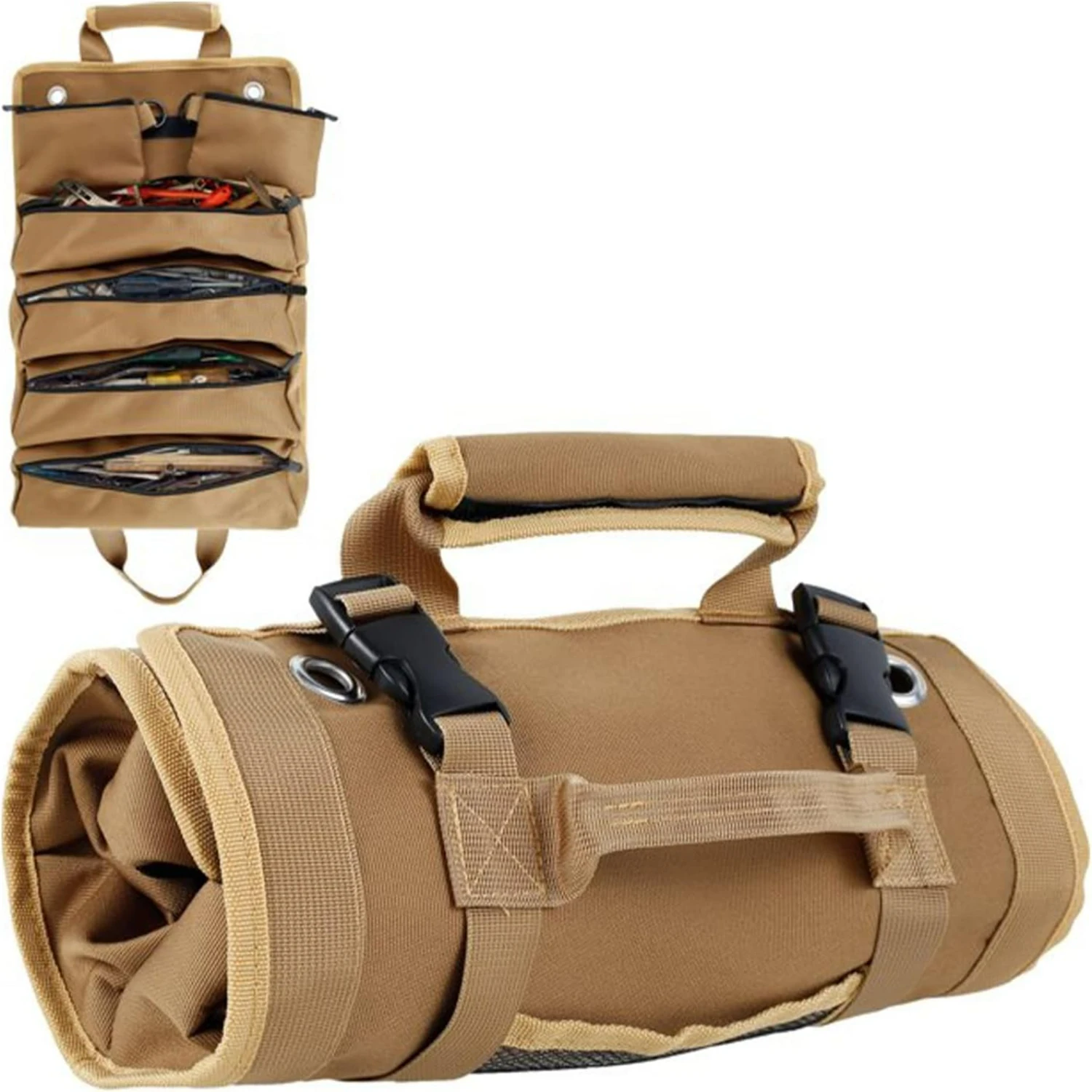 กระเป๋าใส่เครื่องมือสําหรับงานหนักพร้อมกระเป๋าขนาดใหญ่ 5 ช่อง - แบบม้วนขึ้นสําหรับผู้ชาย พร้อมกระเป๋าใส่เครื่องมือ 2 ช่อง - กระเป๋าเครื่องมือแบบม้วนเก็บของ