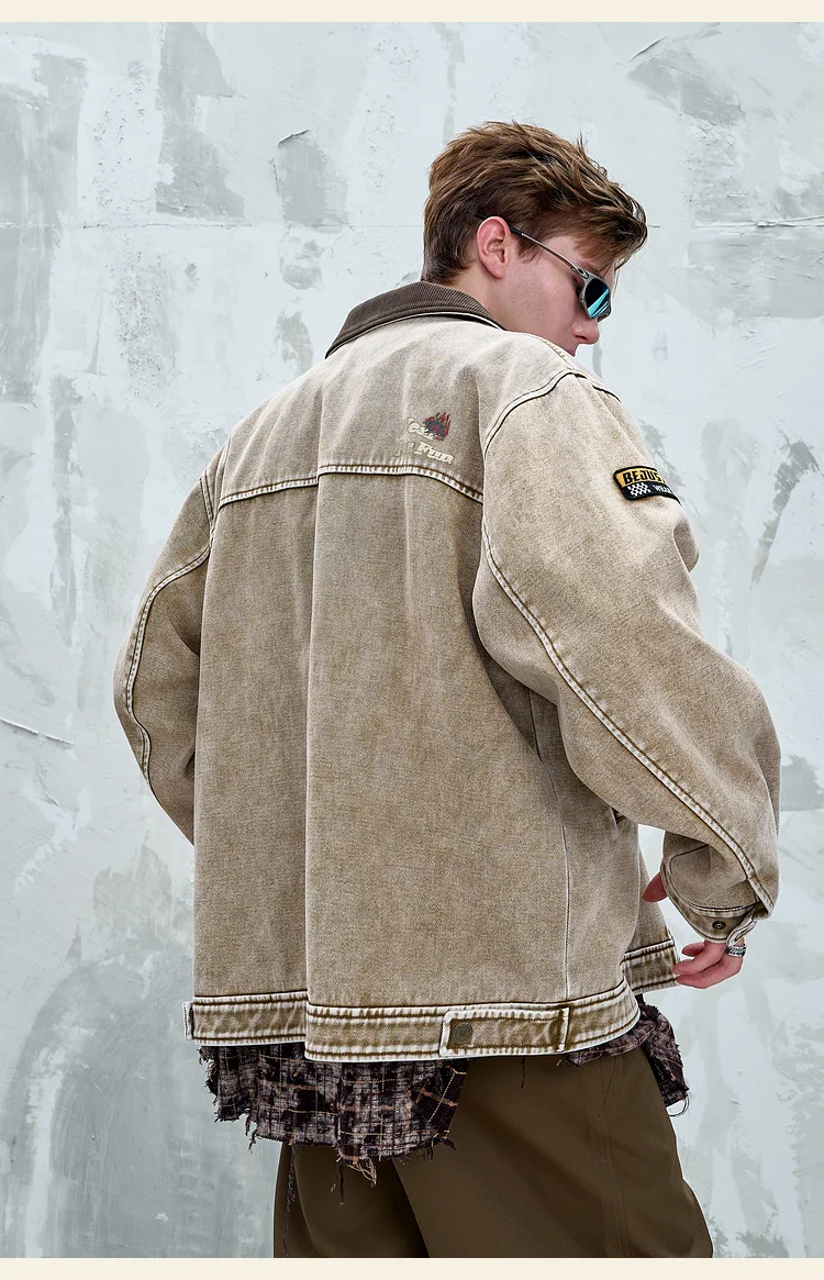 2025 Spring and Autumn New American Retro Men's Dark Gray Light Gray Khaki Workwear Turn-down Collar Loose Casual Jacket