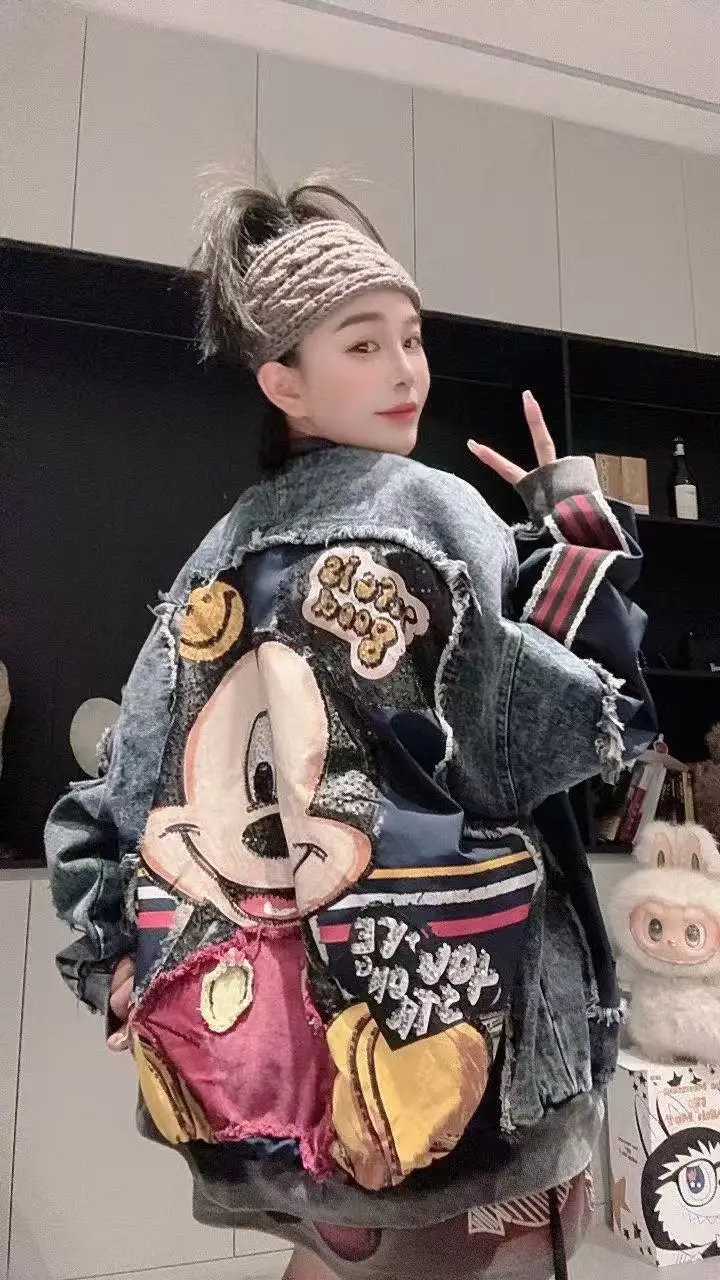 2025 봄과 가을 신상 캐주얼 데님 재킷 여성용 루즈 패션 다용도 보이프렌드 스타일 만화 재킷 스트리트 패셔니스타