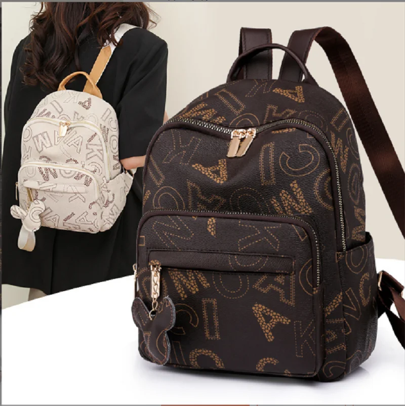 New Fashion Letter Design High Quality Leather Backpack Women Large Capacity Casual Double Shoulder Bags Notebook School Bag